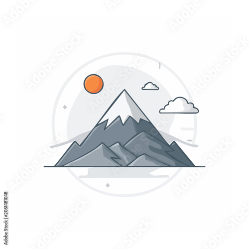 Flat design mountain landscape with sun and clouds