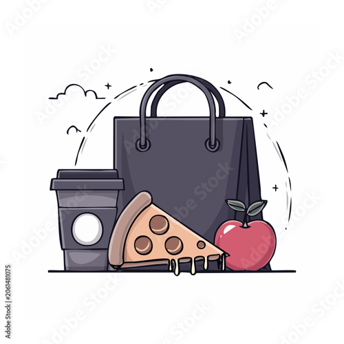 Flat design illustration of shopping bag with coffee, pizza, and apple