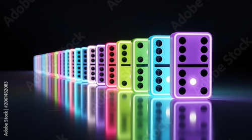 Neon Domino Tiles Arranged in Glowing Gradient Row