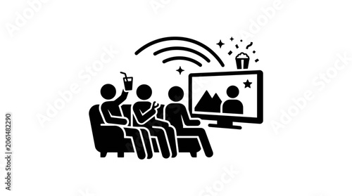 Family Watching TV Entertainment on Sofa with Popcorn and Drinks