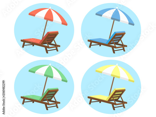 Foto Vector illustration of colorful beach chairs and umbrellas