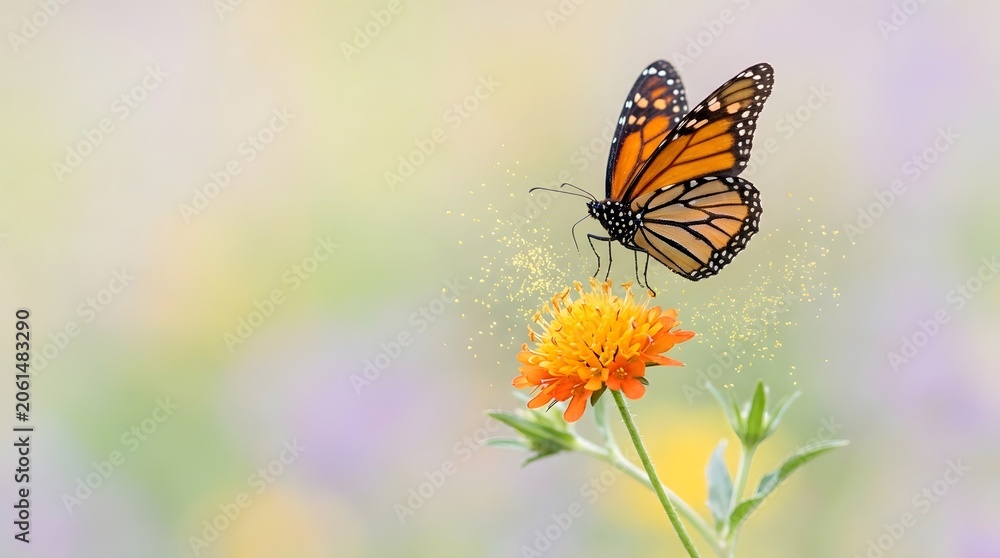 Fototapeta premium Colorful Monarch Butterfly Against Dreamy Pastel Garden Background