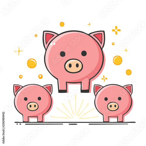 Cartoon piggy bank with coins and sparks