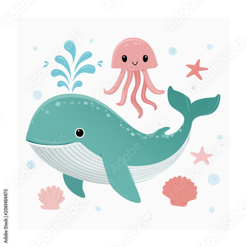 Cartoon Whale and Jellyfish in Ocean Scene