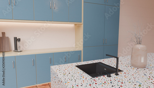 Tableau sur toile Refined Kitchen Workspace Showcasing Built In Storage Ambient Shelf Lighting Dur