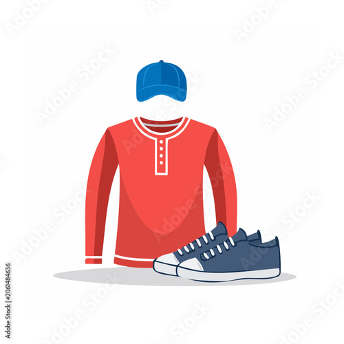 Flat design illustration of red sweater, blue cap and sneakers