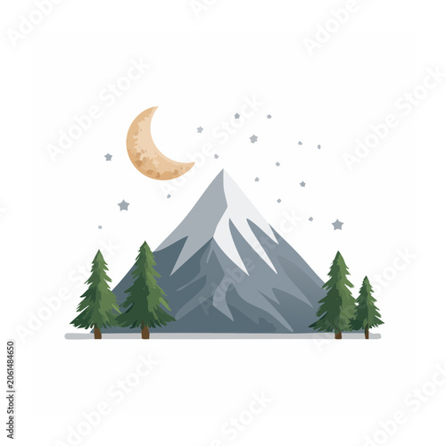 Flat design mountain landscape with moon and stars