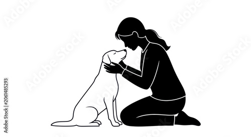 Tableau sur toile Woman Kneeling Petting Her Beloved Dog Affectionately.