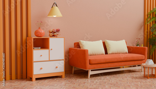 Stylish Orange Accent Living Space Featuring Contemporary Sofa Decorative Lighting Indoor Plants And Trendy Residential Interior Composition