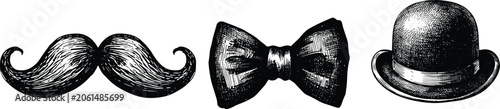 Foto Moustache bow tie and bowler hat vector illustration set with hand drawn vintage engraving style sketches for gentleman fashion design