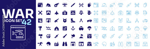 Εκτύπωση καμβά Flat and outline military warfare icon set for army and cyber combat vector collection