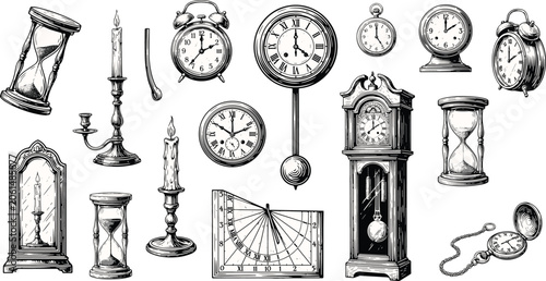 Tableau sur toile Clock and watch vintage vector illustration set with detailed hand drawn sketch of grandfather alarm pocket hourglass for classic time management design