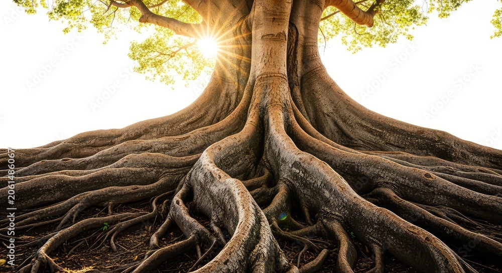 Fototapeta premium Strong tree roots spread through rich dark soil beneath a massive trunk while golden sunlight flares from behind the ancient tree of life, healthy, background, power