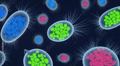 Vibrant microscopic view showing diverse single-celled organisms with glowing neon organelles, translucent membranes, and intricate cilia, cilia, vibrant, amoeba