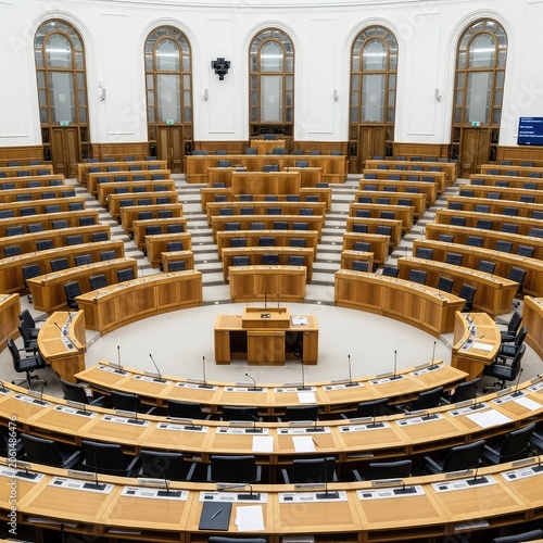 Wide angle view of an empty governmental assembly hall with semicircular wooden desks, microphones, and scattered papers under bright light, congress, public, discussion