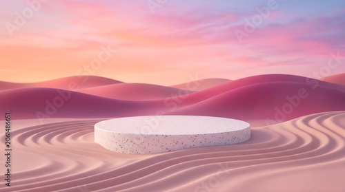 Dreamy Pink and Magenta Hills with Round Display Platform and Sand Waves Luxury Product Presentation Background
