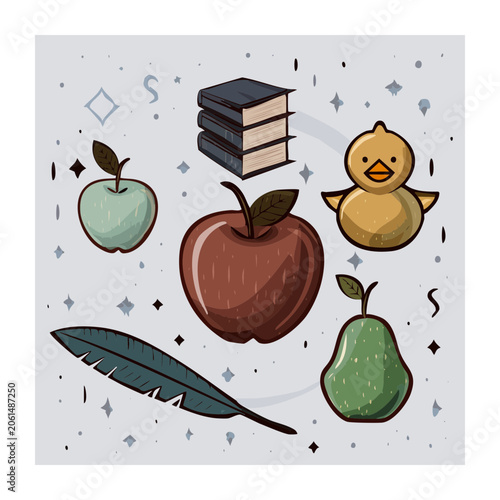 Flat design illustration of fruits books and duck