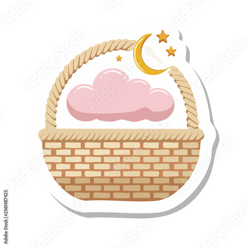 Whimsical basket with cloud, moon, and stars illustration