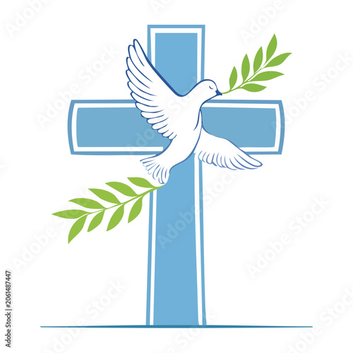 White Dove with Olive Branch and Blue Cross Symbol