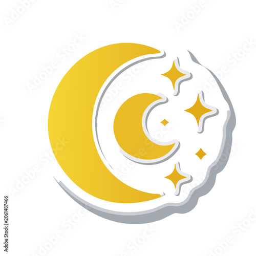 Yellow crescent moon and stars icon on transparent background