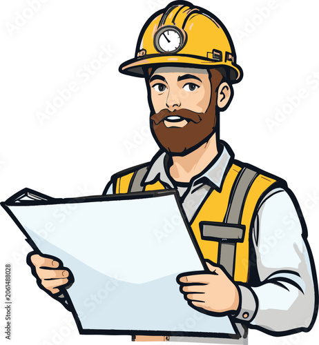 Cartoon construction worker holding a clipboard and blank board isolated on white background