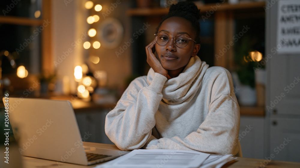 Obraz premium A Kenyan-born accountant spreads requalification study materials across a shared apartment kitchen table at midnight, an open laptop beside printed exam prep sheets, a