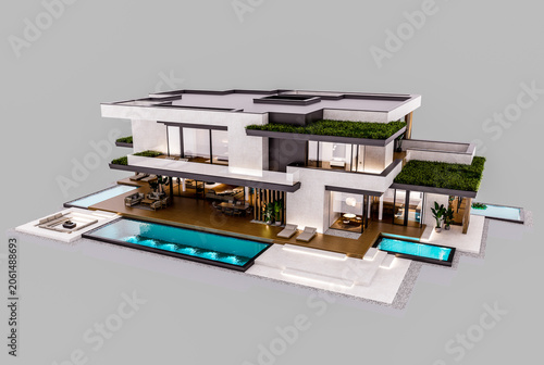 3d rendering of two-story house with parking and pool for sale or rent with concrete facade and beautiful landscaping. In the evening. Isolated on gray