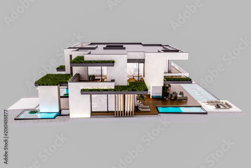 3d rendering of two-story house with parking and pool for sale or rent with concrete facade and beautiful landscaping. In the evening. Isolated on gray
