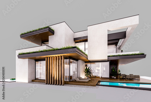 3d rendering of two-story house with parking and pool for sale or rent with concrete facade and beautiful landscaping. In the evening. Isolated on gray