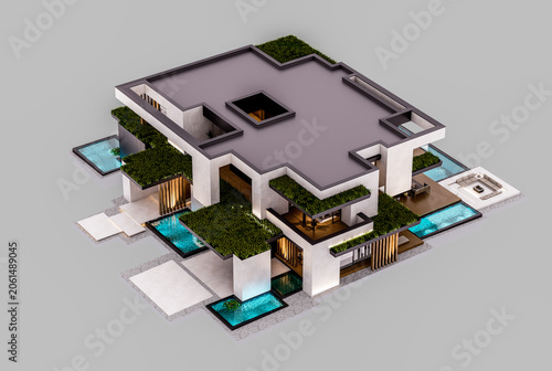 3d rendering of two-story house with parking and pool for sale or rent with concrete facade and beautiful landscaping. In the evening. Isolated on gray