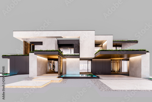 3d rendering of two-story house with parking and pool for sale or rent with concrete facade and beautiful landscaping. In the evening. Isolated on gray