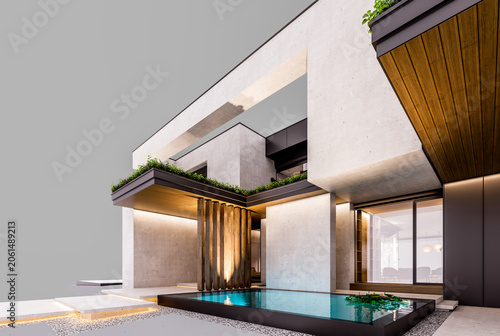 3d rendering of two-story house with parking and pool for sale or rent with concrete facade and beautiful landscaping. In the evening. Isolated on gray
