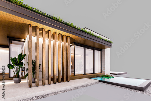 3d rendering of two-story house with parking and pool for sale or rent with concrete facade and beautiful landscaping. In the evening. Isolated on gray