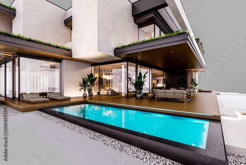 3d rendering of two-story house with parking and pool for sale or rent with concrete facade and beautiful landscaping. In the evening. Isolated on gray