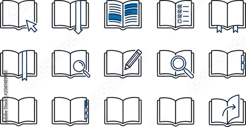 Quadro em tela Open book interface icons showing navigation arrows highlighting text search tools and document management