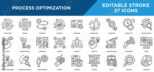Foto Process Optimization line icons set with process, workflow, efficiency, dashboard, performance, and automation concepts