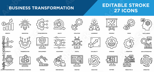 Business transformation line icons set with flexibility, growth, innovation, transformation, agility, and evolution concepts. Editable stroke vector collection.