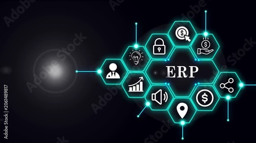 ERP, Enterprise Resource Planning concept. Providing for team advanced capabilities, AI to automate operational processes, react in real time, automatic updates and gain a competitive advantage
