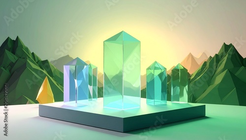 Crystal shapes reflect light in a vibrant digital landscape at sunset near mountains