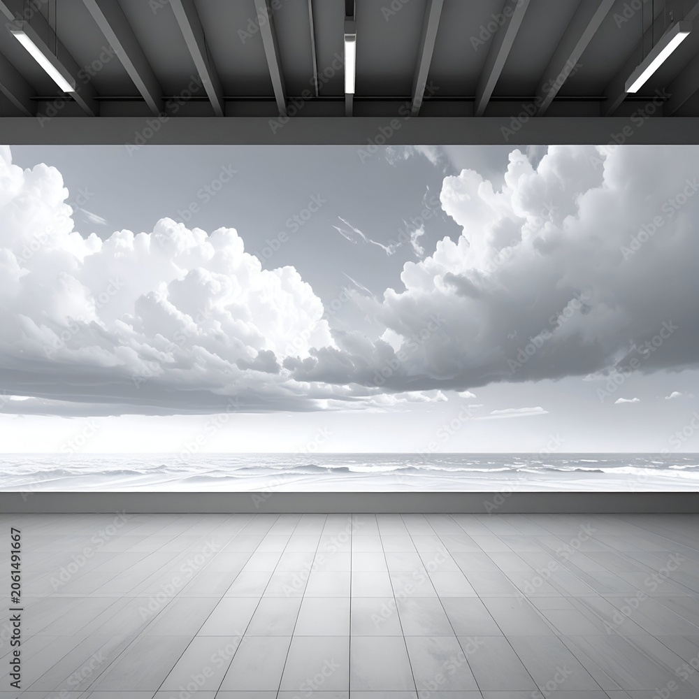Naklejka premium Monochromatic Seascape View from an Enclosed Structure with Cloudy Sky.
