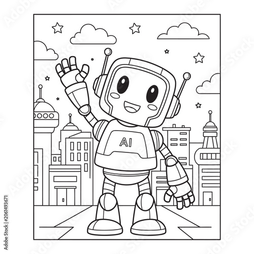 Cute Robot Waving Hello in Futuristic City