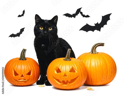 A black cat sitting with three carved jack-o-lanterns and bats