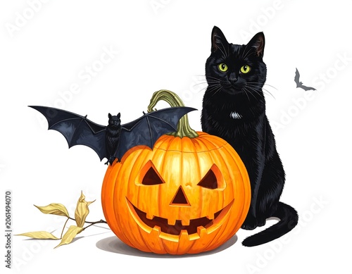 A black cat sitting beside a carved jack-o-lantern with a bat and dry leaves