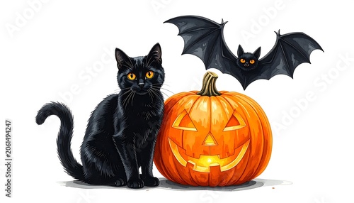 A black cat with glowing orange eyes sits beside a jack-o'-lantern with two bats flying above