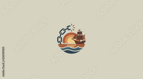 Bild auf Leinwand Minimalist Nautical Logo Emblem with Sailing Ship and Broken Chain