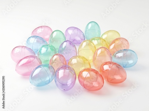 Group of translucent plastic Easter eggs in pastel colors isolated on white background