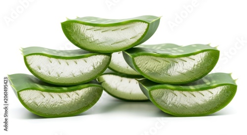 Slices of fresh green aloe vera plant isolated on white background