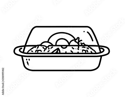 A black line drawing of a covered dish with a semicircular lid