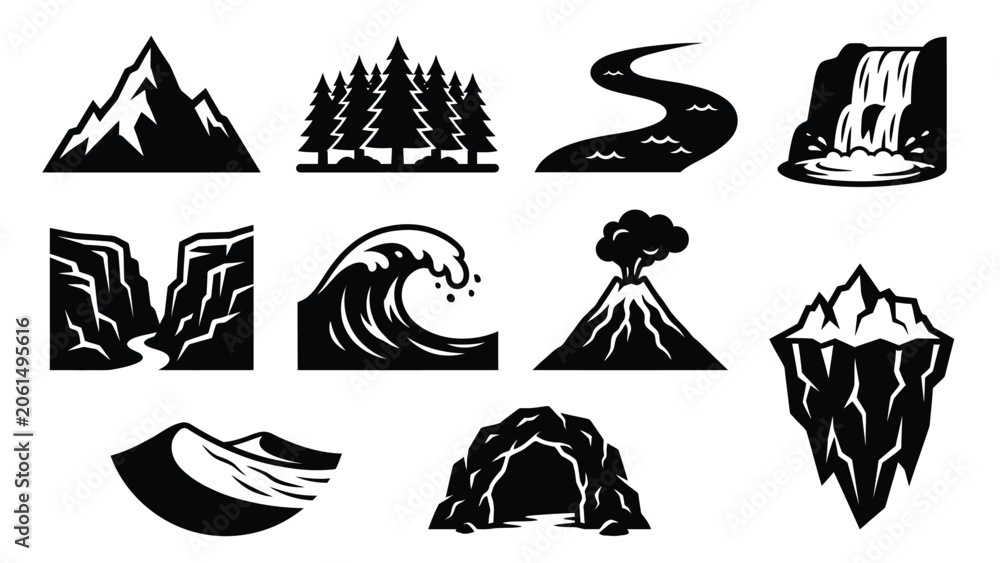 Fototapeta premium Natural landscape and geographical feature icons showing mountains forest river and coastal elements.