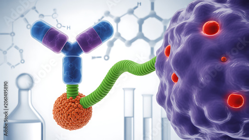 Antibody drug conjugate delivering cytotoxic nanoparticle payload to cancer cell via molecular linker. Selective delivery and receptor-mediated targeting in oncology. Pharmaceutical development